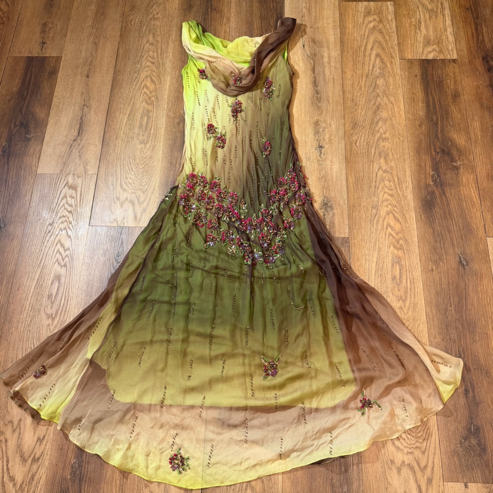Vintage Y2K 100% Silk Beaded Dress Vintage Beaded Dress Fairy Prom Green Ombré - Picture 13 of 17